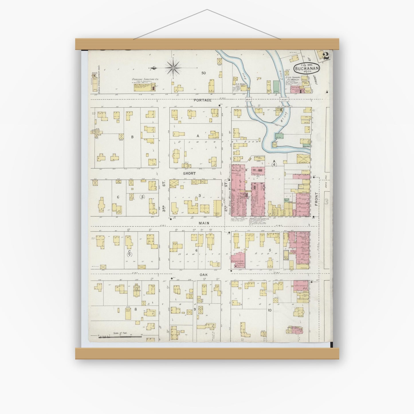 Old map wall art mockup — magnetic wood frame on white wall — Sanborn Fire Insurance Map from Buchanan, Berrien County, Michigan (1895), Sheet #0002