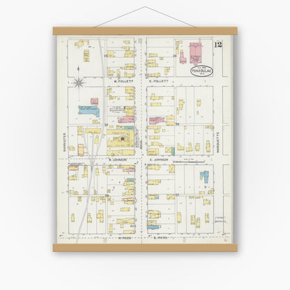 Old map wall art mockup — magnetic wood frame on white wall — Sanborn Fire Insurance Map from Fond du Lac, Fond du Lac County, Wisconsin (1892), Sheet #0012