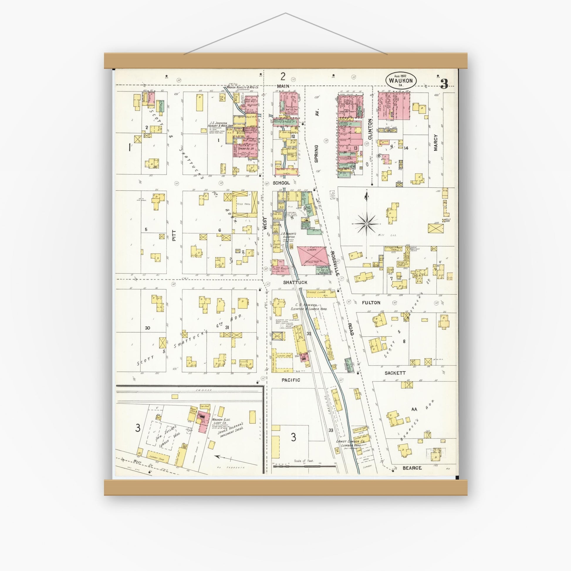 Old map wall art mockup — magnetic wood frame on white wall — Sanborn Fire Insurance Map from Waukon, Allamakee County, Iowa (1902), Sheet #0003