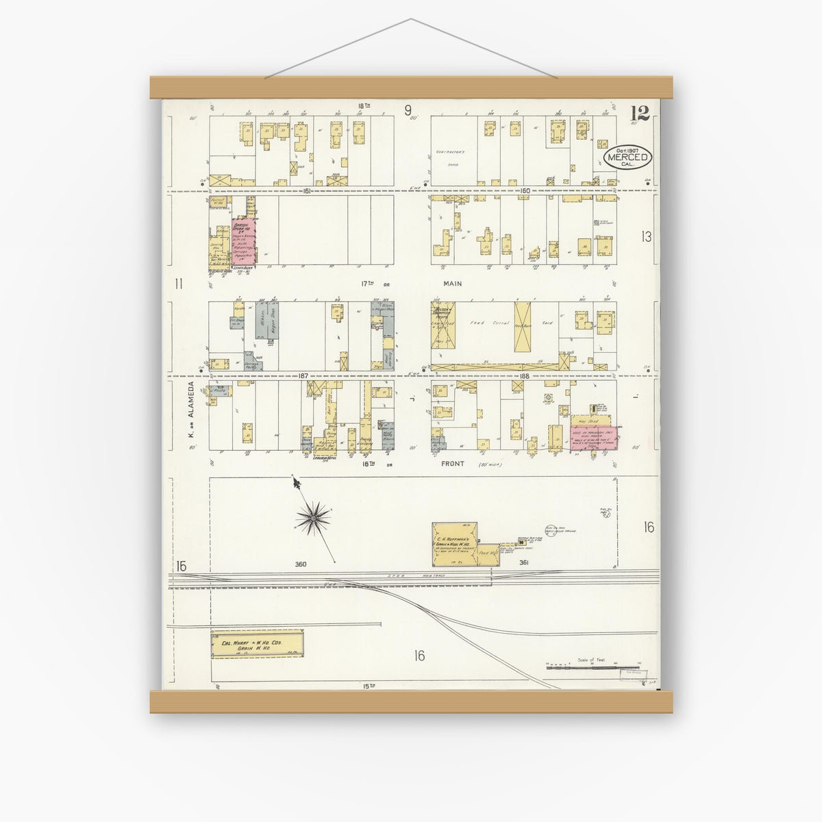 Old map wall art mockup — magnetic wood frame on white wall — Sanborn Fire Insurance Map from Merced, Merced County, California (1907), Sheet #0012
