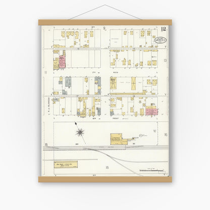 Old map wall art mockup — magnetic wood frame on white wall — Sanborn Fire Insurance Map from Merced, Merced County, California (1907), Sheet #0012