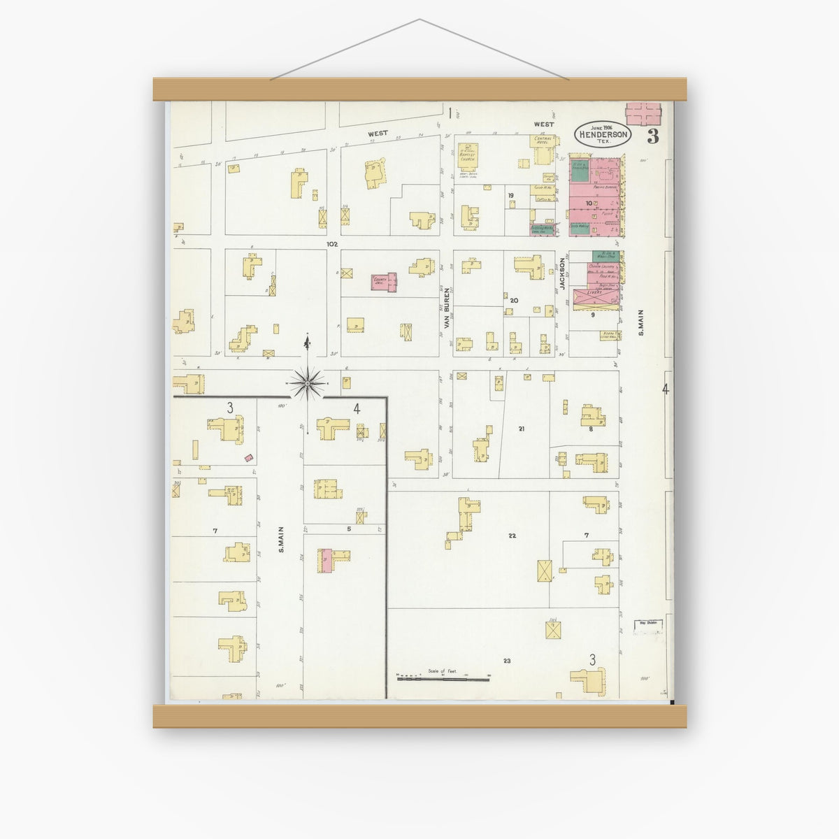 Old map wall art mockup — magnetic wood frame on white wall — Sanborn Fire Insurance Map from Henderson, Rusk County, Texas (1906), Sheet #0003