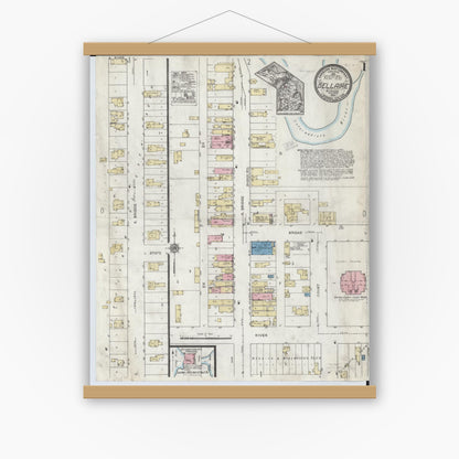 Old map wall art mockup — magnetic wood frame on white wall — Sanborn Fire Insurance Map from Bellaire, Antrim County, Michigan (1920), Sheet #0001