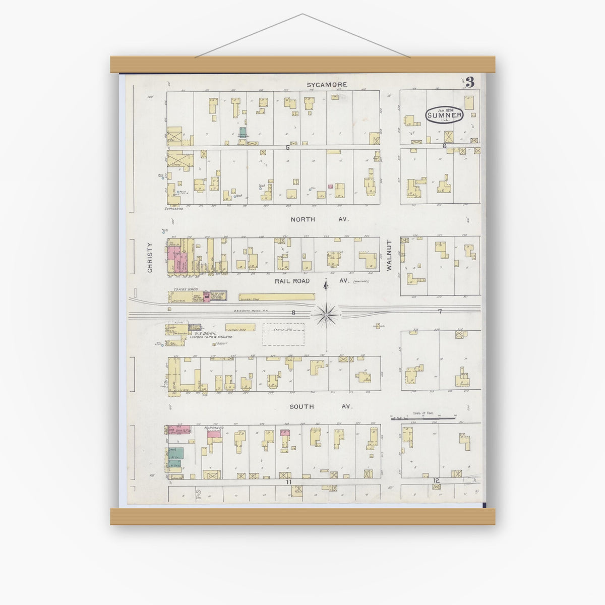 Old map wall art mockup — magnetic wood frame on white wall — Sanborn Fire Insurance Map from Sumner, Lawrence County, Illinois (1894), Sheet #0003