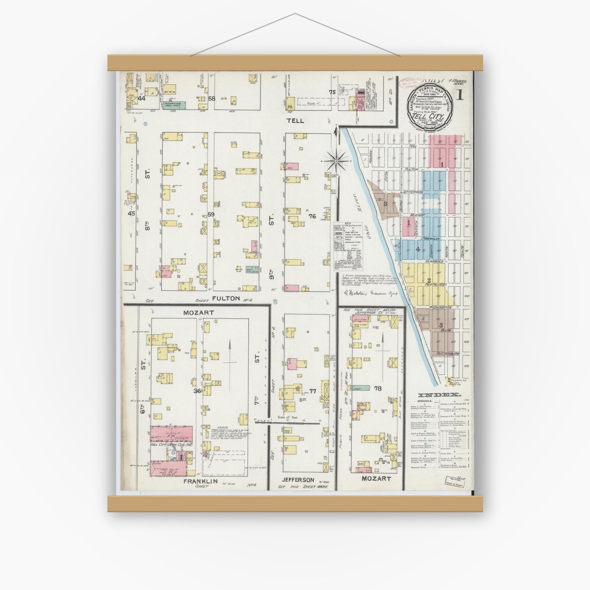 Old map wall art mockup — magnetic wood frame on white wall — Sanborn Fire Insurance Map from Tell City, Perry County, Indiana (1892) - Complete Map Set