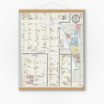 Old map wall art mockup — magnetic wood frame on white wall — Sanborn Fire Insurance Map from Tell City, Perry County, Indiana (1892) - Complete Map Set