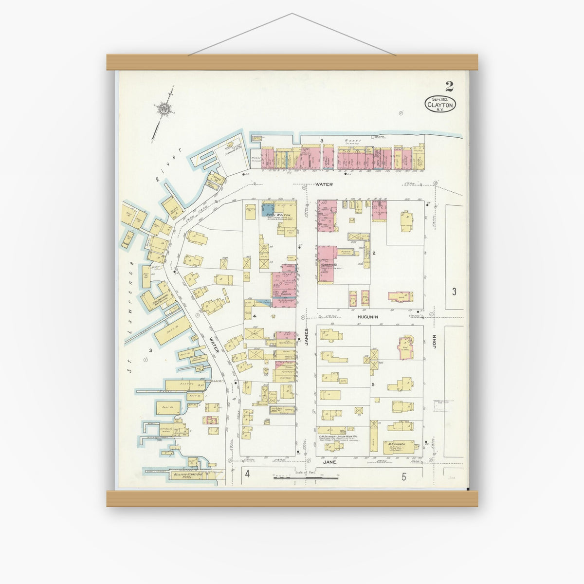 Old map wall art mockup — magnetic wood frame on white wall — Sanborn Fire Insurance Map from Clayton, Jefferson County, New York (1912) - Complete Map Set