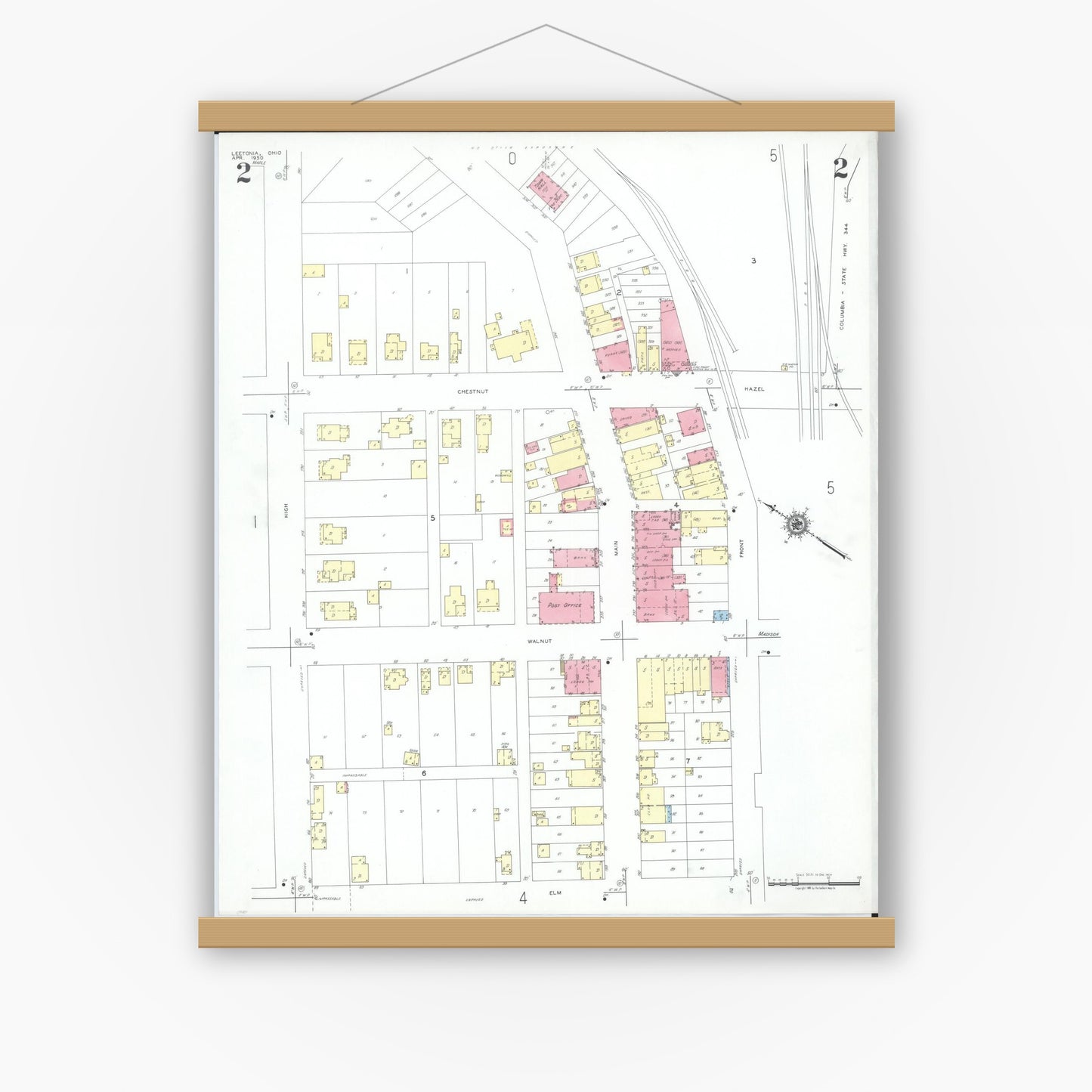 Old map wall art mockup — magnetic wood frame on white wall — Sanborn Fire Insurance Map from Leetonia, Columbiana County, Ohio (1950), Sheet #0002