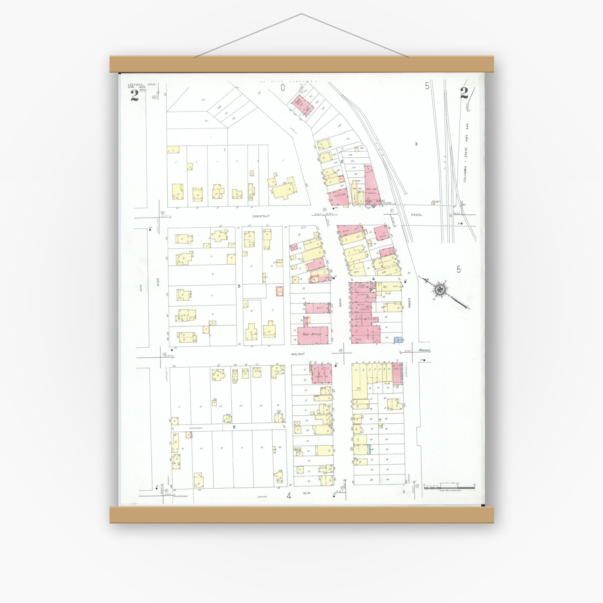 Old map wall art mockup — magnetic wood frame on white wall — Sanborn Fire Insurance Map from Leetonia, Columbiana County, Ohio (1950), Sheet #0002