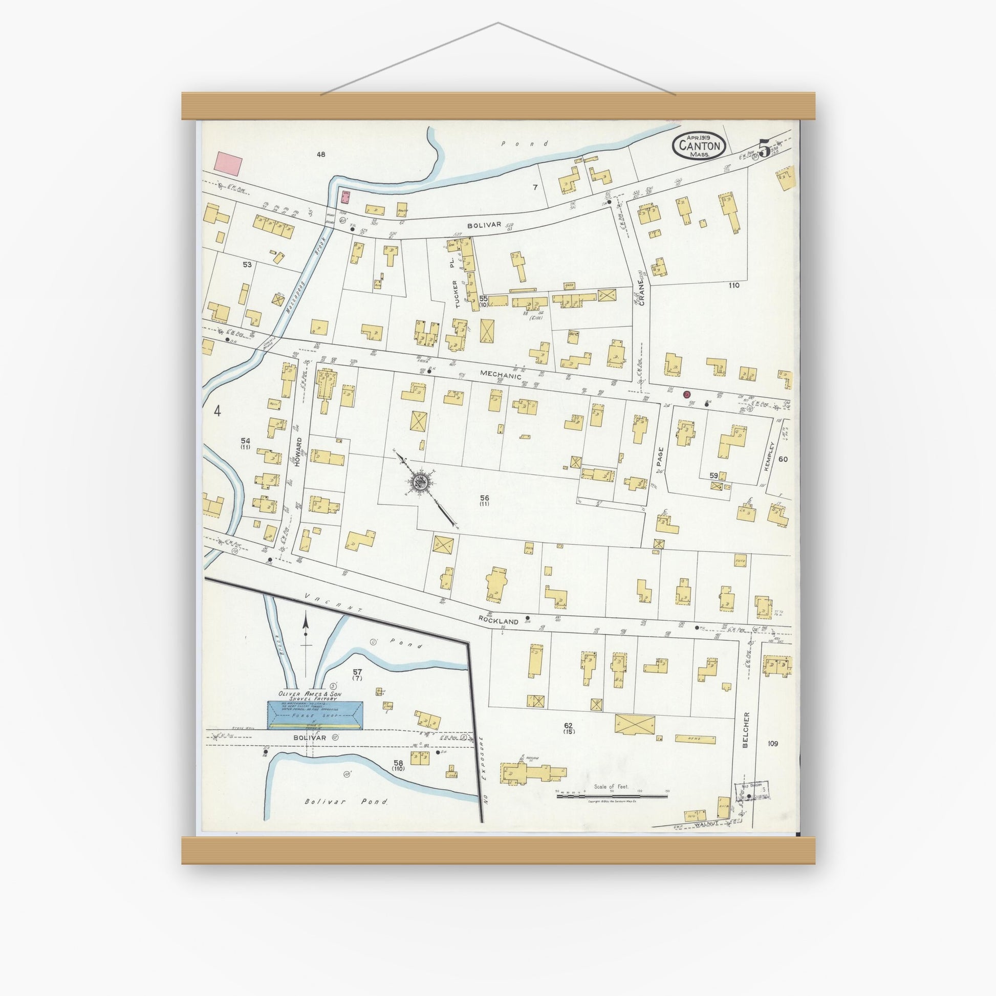 Old map wall art mockup — magnetic wood frame on white wall — Sanborn Fire Insurance Map from Canton, Norfolk County, Massachusetts (1919), Sheet #0005