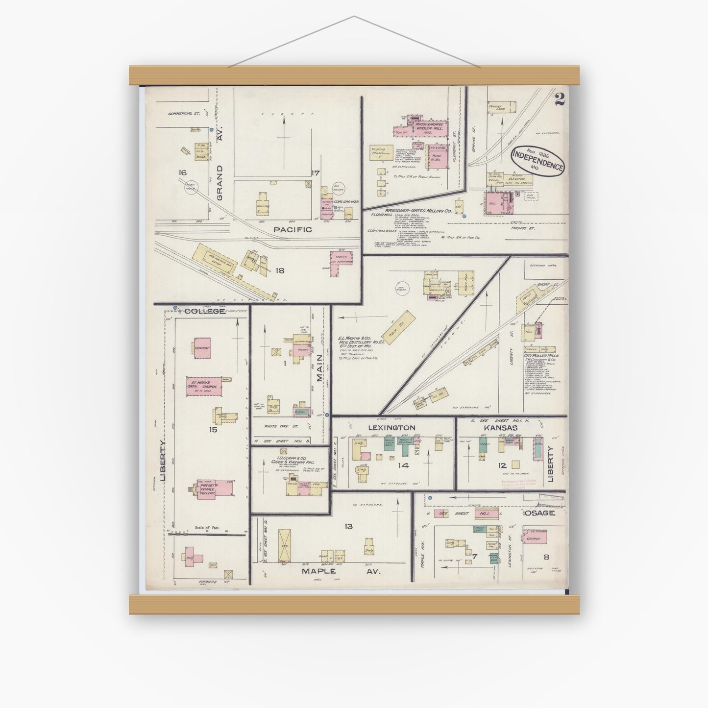 Old map wall art mockup — magnetic wood frame on white wall — Sanborn Fire Insurance Map from Independence, Jackson County, Missouri (1885), Sheet #0002
