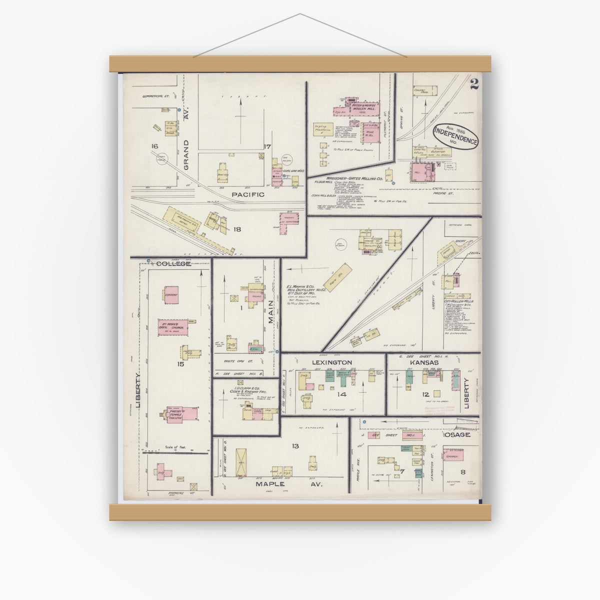 Old map wall art mockup — magnetic wood frame on white wall — Sanborn Fire Insurance Map from Independence, Jackson County, Missouri (1885), Sheet #0002