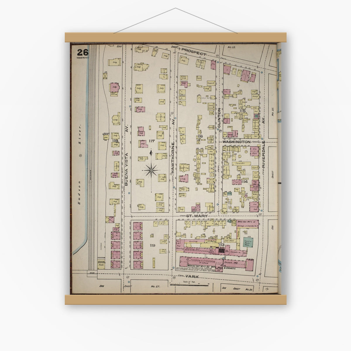 Old map wall art mockup — magnetic wood frame on white wall — Sanborn Fire Insurance Map from Yonkers, Westchester County, New York (1886), Sheet #0026