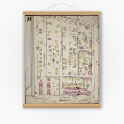 Old map wall art mockup — magnetic wood frame on white wall — Sanborn Fire Insurance Map from Yonkers, Westchester County, New York (1886), Sheet #0026