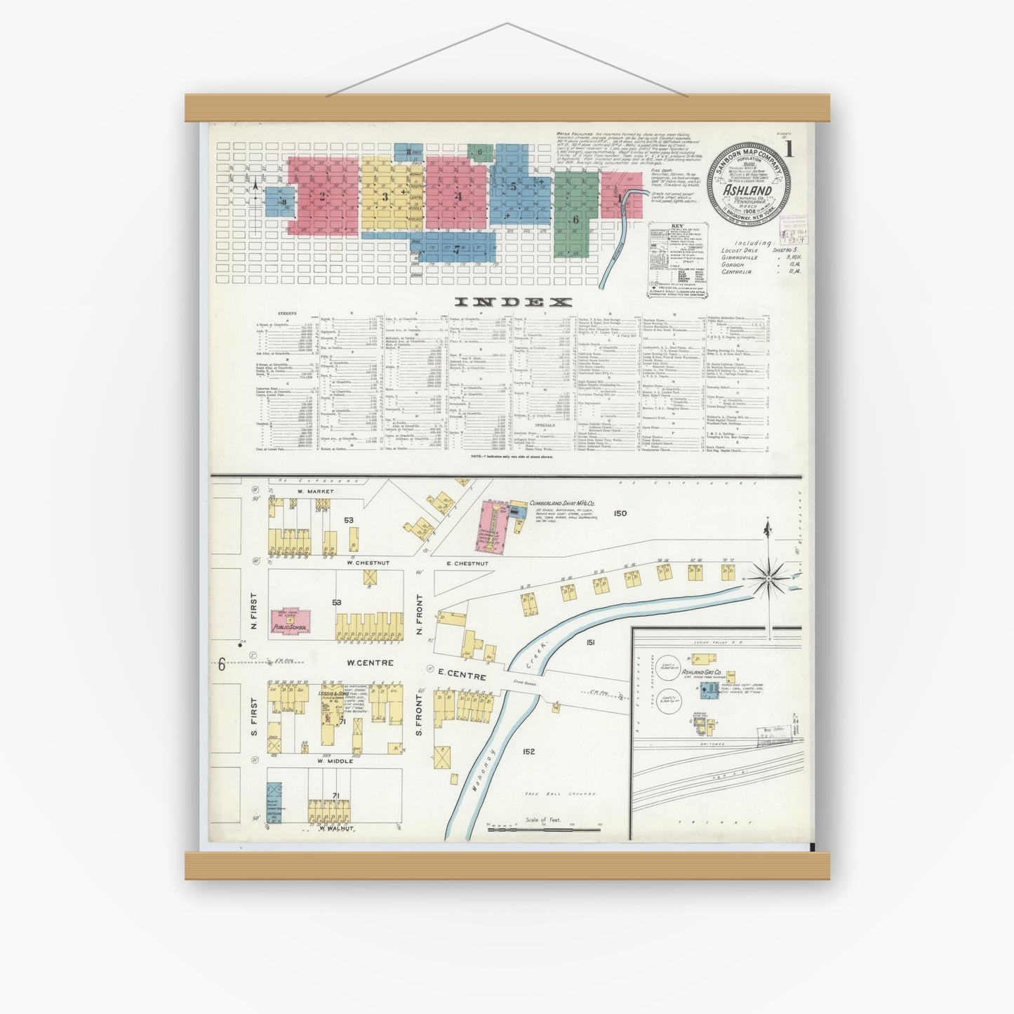 Old map wall art mockup — magnetic wood frame on white wall — Sanborn Fire Insurance Map from Ashland, Schuylkill County, Pennsylvania (1908), Sheet #0001