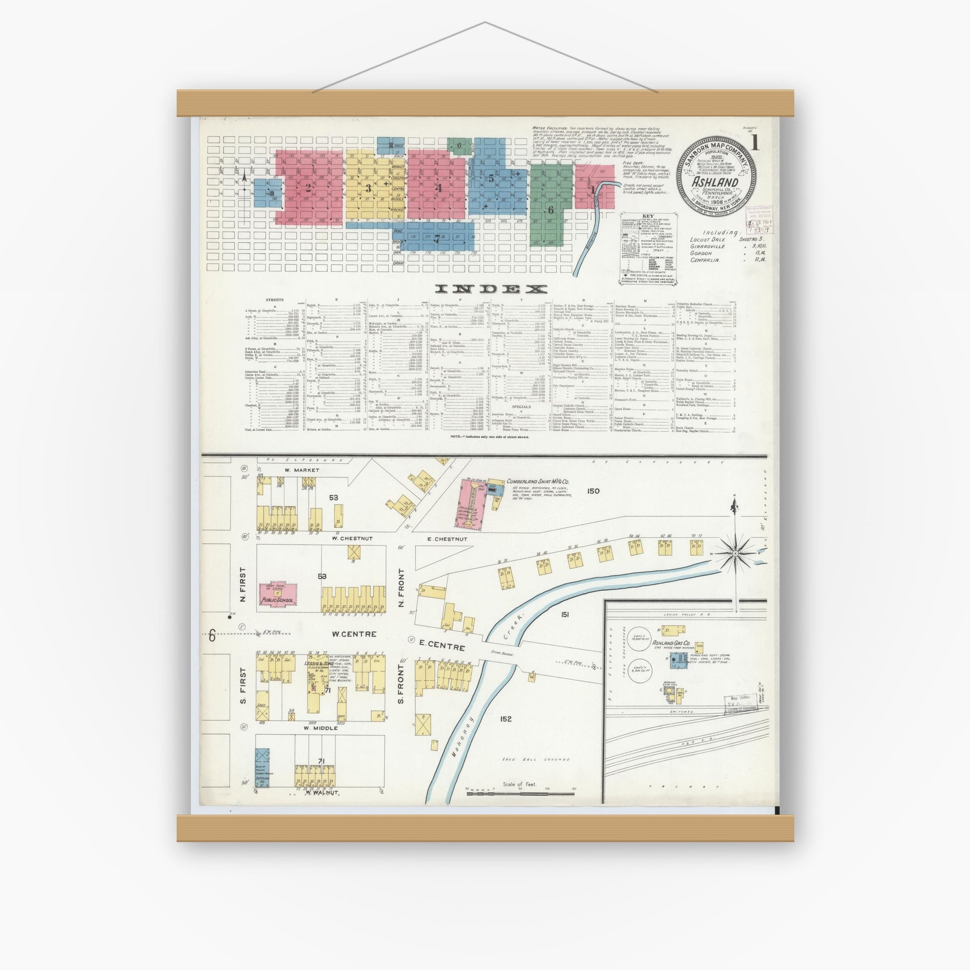 Old map wall art mockup — magnetic wood frame on white wall — Sanborn Fire Insurance Map from Ashland, Schuylkill County, Pennsylvania (1908), Sheet #0001