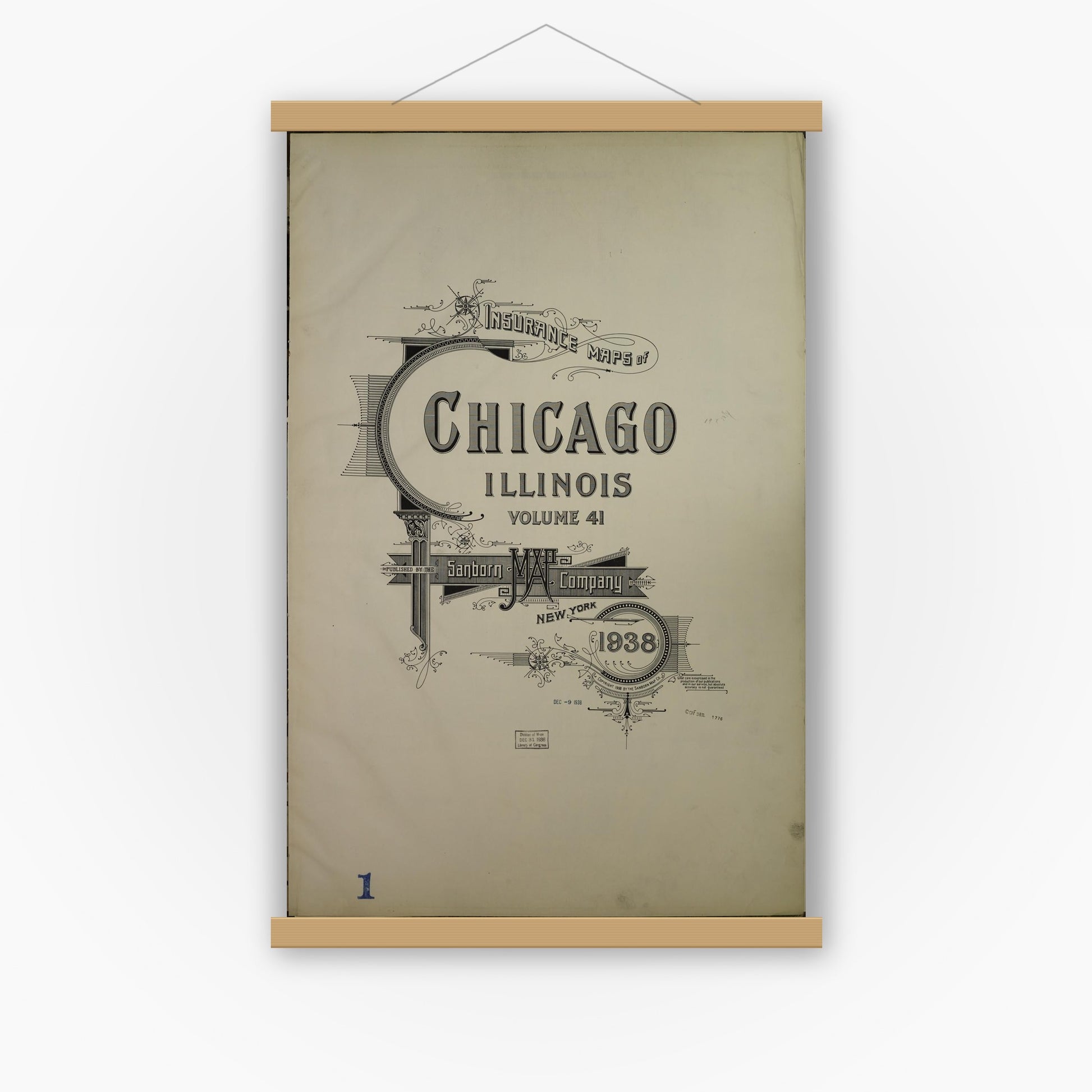 Old map wall art mockup — magnetic wood frame on white wall — Sanborn Fire Insurance Map from Chicago, Cook County, Illinois (1938), Sheet #0001