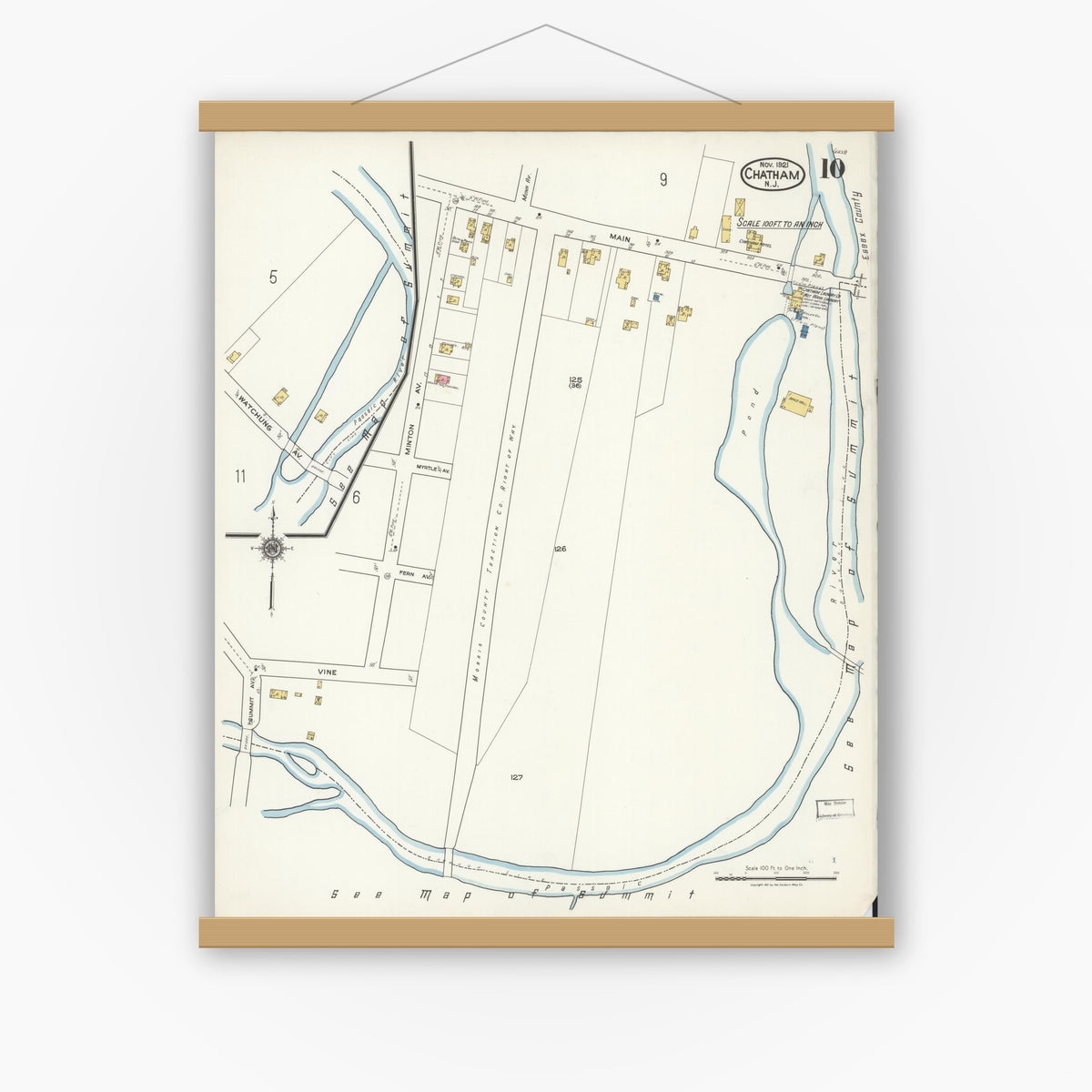 Old map wall art mockup — magnetic wood frame on white wall — Sanborn Fire Insurance Map from Chatham, Morris County, New Jersey (1921), Sheet #0010