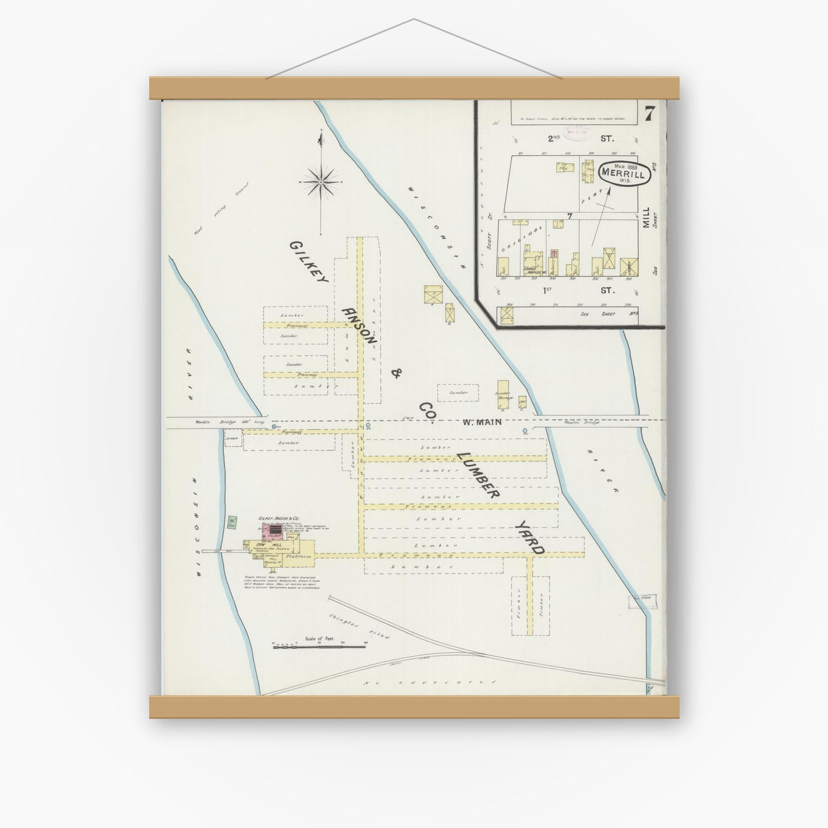 Old map wall art mockup — magnetic wood frame on white wall — Sanborn Fire Insurance Map from Merrill, Lincoln County, Wisconsin (1888), Sheet #0007