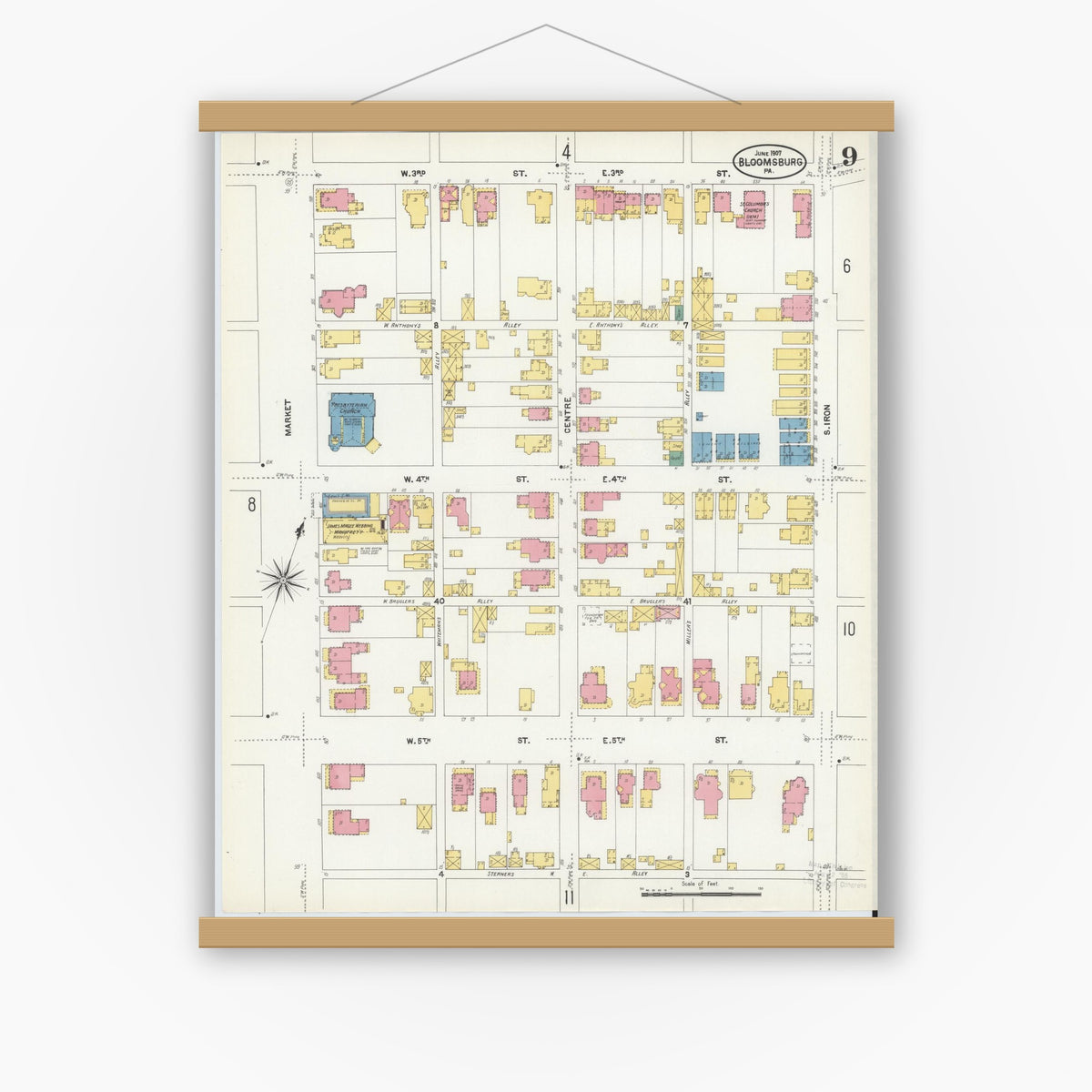 Old map wall art mockup — magnetic wood frame on white wall — Sanborn Fire Insurance Map from Bloomsburg, Columbia County, Pennsylvania (1907), Sheet #0009