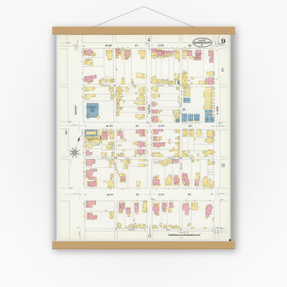 Old map wall art mockup — magnetic wood frame on white wall — Sanborn Fire Insurance Map from Bloomsburg, Columbia County, Pennsylvania (1907), Sheet #0009