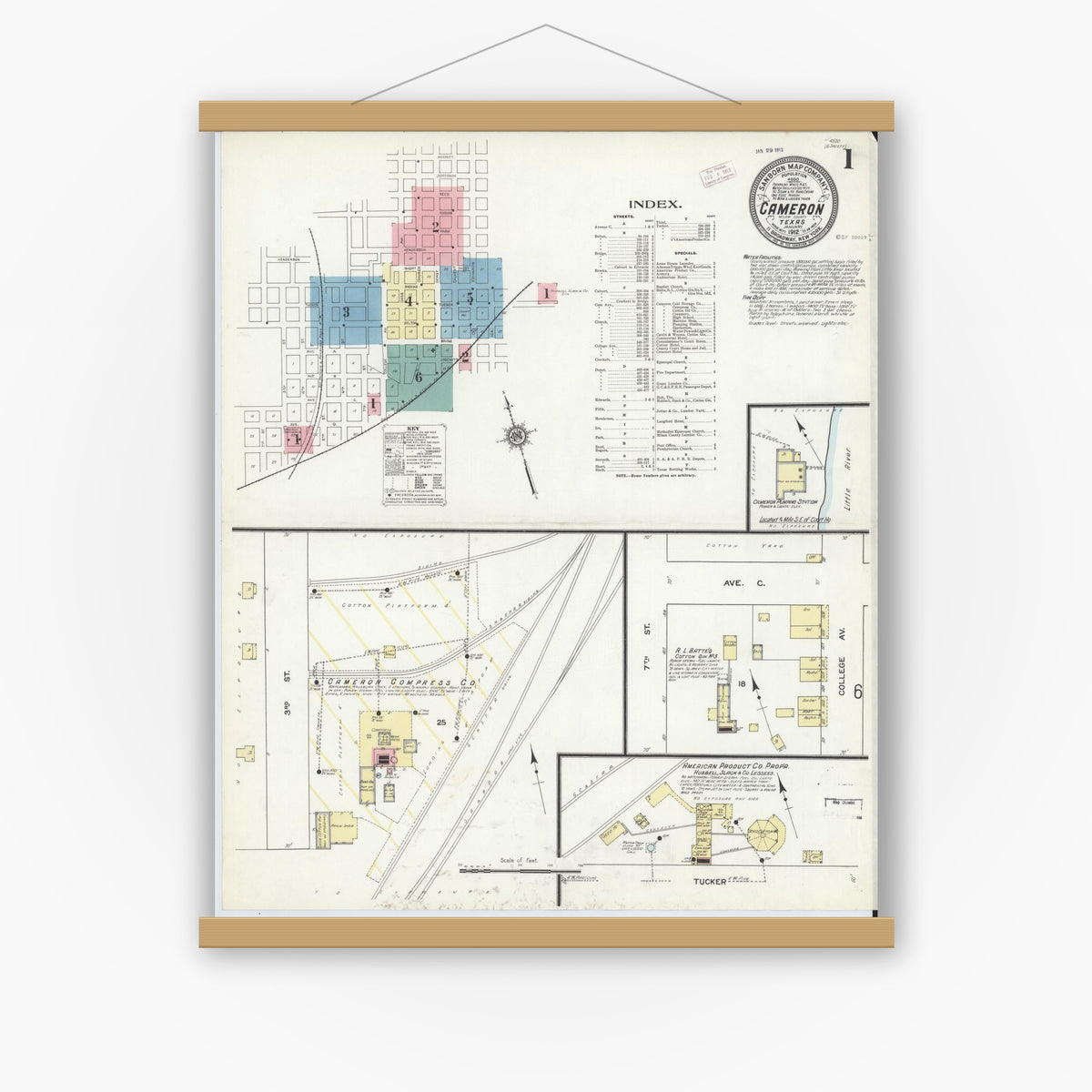 Old map wall art mockup — magnetic wood frame on white wall — Sanborn Fire Insurance Map from Cameron, Milam County, Texas (1912) - Complete Map Set