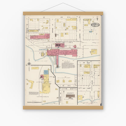 Old map wall art mockup — magnetic wood frame on white wall — Sanborn Fire Insurance Map from Grand Rapids, Itasca County, Minnesota (1922), Sheet #0007