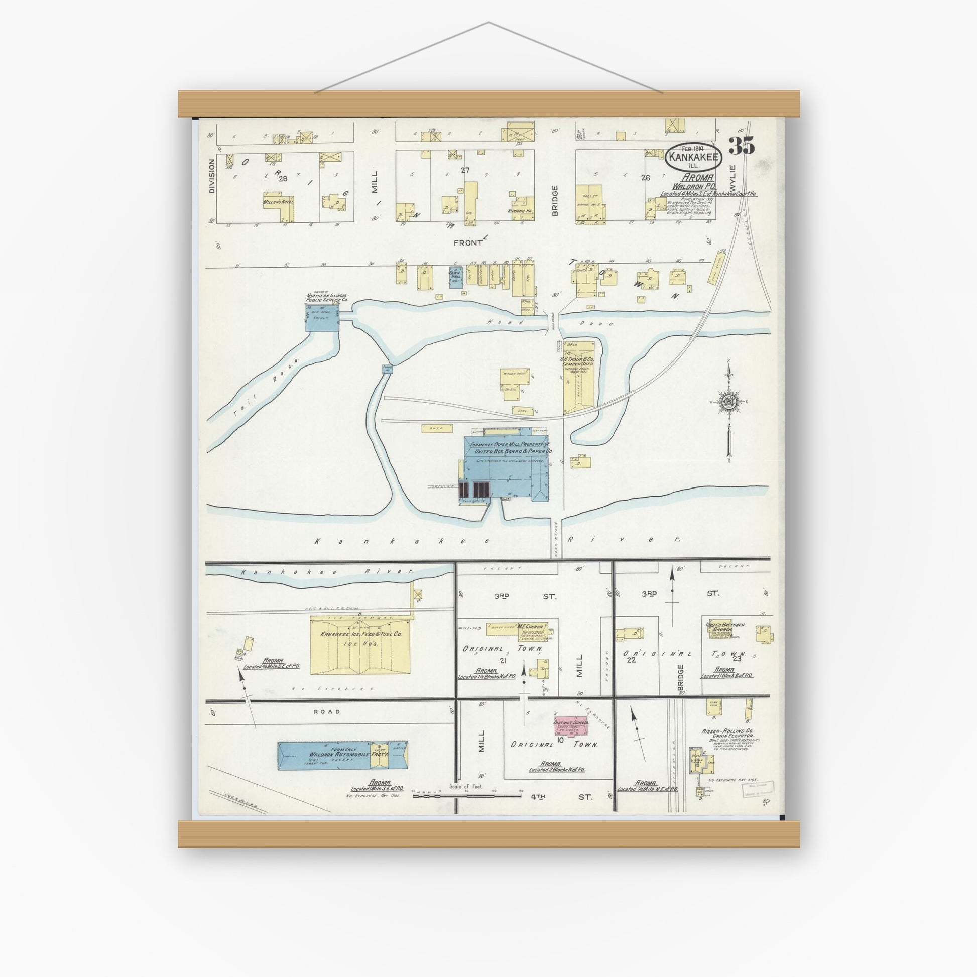 Old map wall art mockup — magnetic wood frame on white wall — Sanborn Fire Insurance Map from Kankakee, Kankakee County, Illinois (1914), Sheet #0035