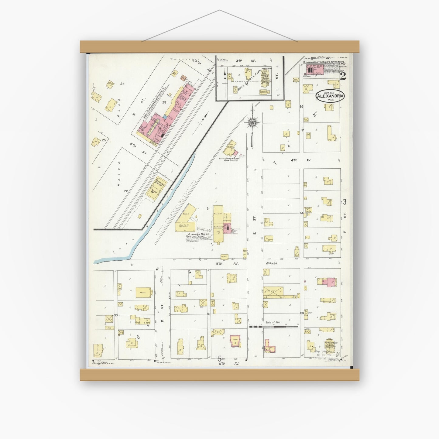 Old map wall art mockup — magnetic wood frame on white wall — Sanborn Fire Insurance Map from Alexandria, Douglas County, Minnesota (1909), Sheet #0002