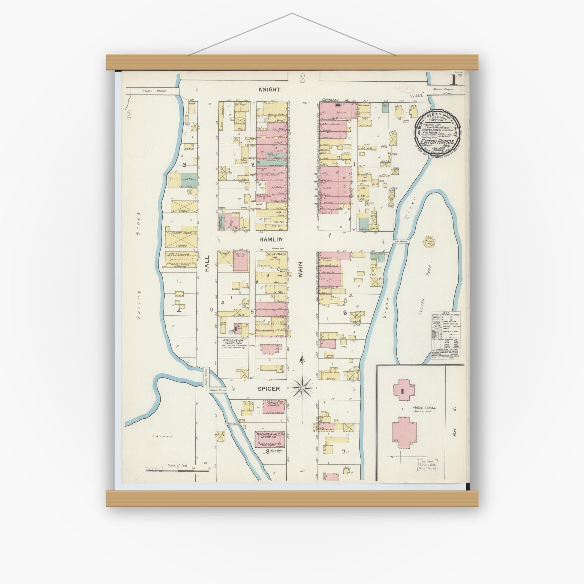 Old map wall art mockup — magnetic wood frame on white wall — Sanborn Fire Insurance Map from Eaton Rapids, Eaton County, Michigan (1892) - Complete Map Set