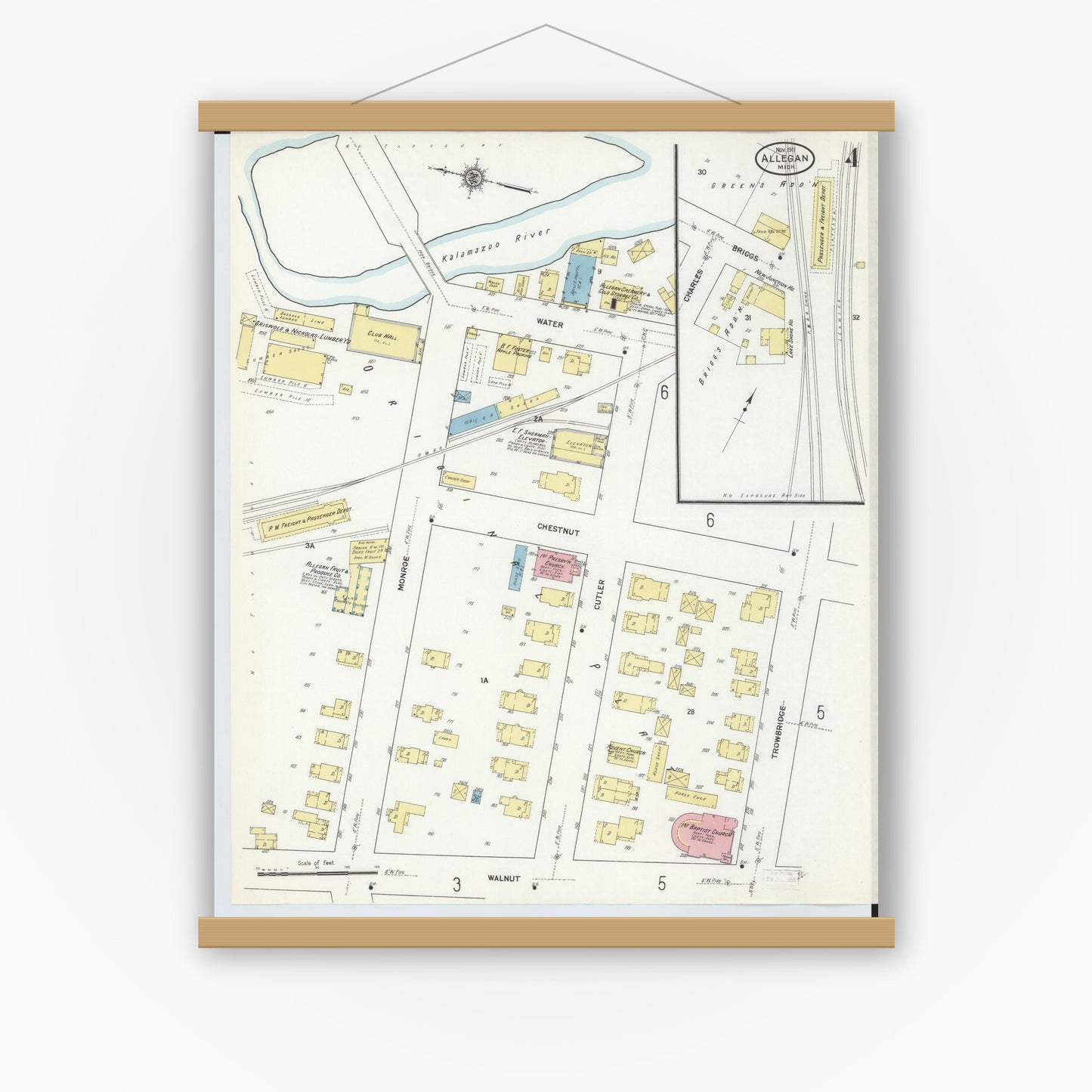 Old map wall art mockup — magnetic wood frame on white wall — Sanborn Fire Insurance Map from Allegan, Allegan County, Michigan (1911), Sheet #0004