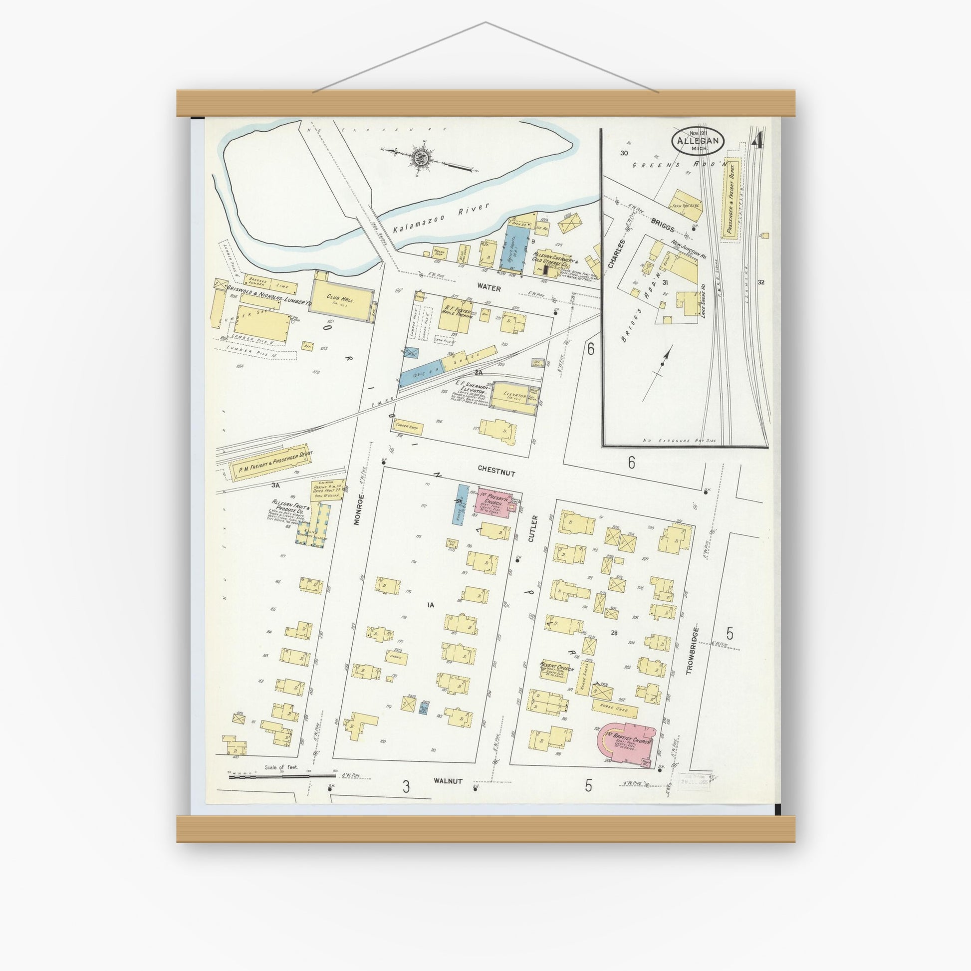 Old map wall art mockup — magnetic wood frame on white wall — Sanborn Fire Insurance Map from Allegan, Allegan County, Michigan (1911), Sheet #0004