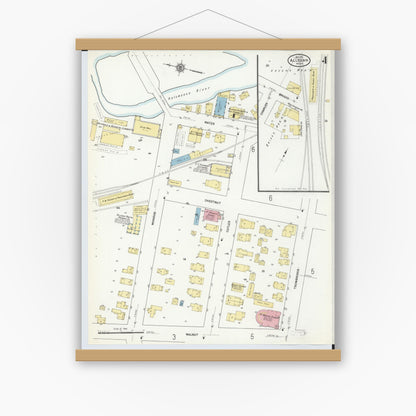 Old map wall art mockup — magnetic wood frame on white wall — Sanborn Fire Insurance Map from Allegan, Allegan County, Michigan (1911), Sheet #0004