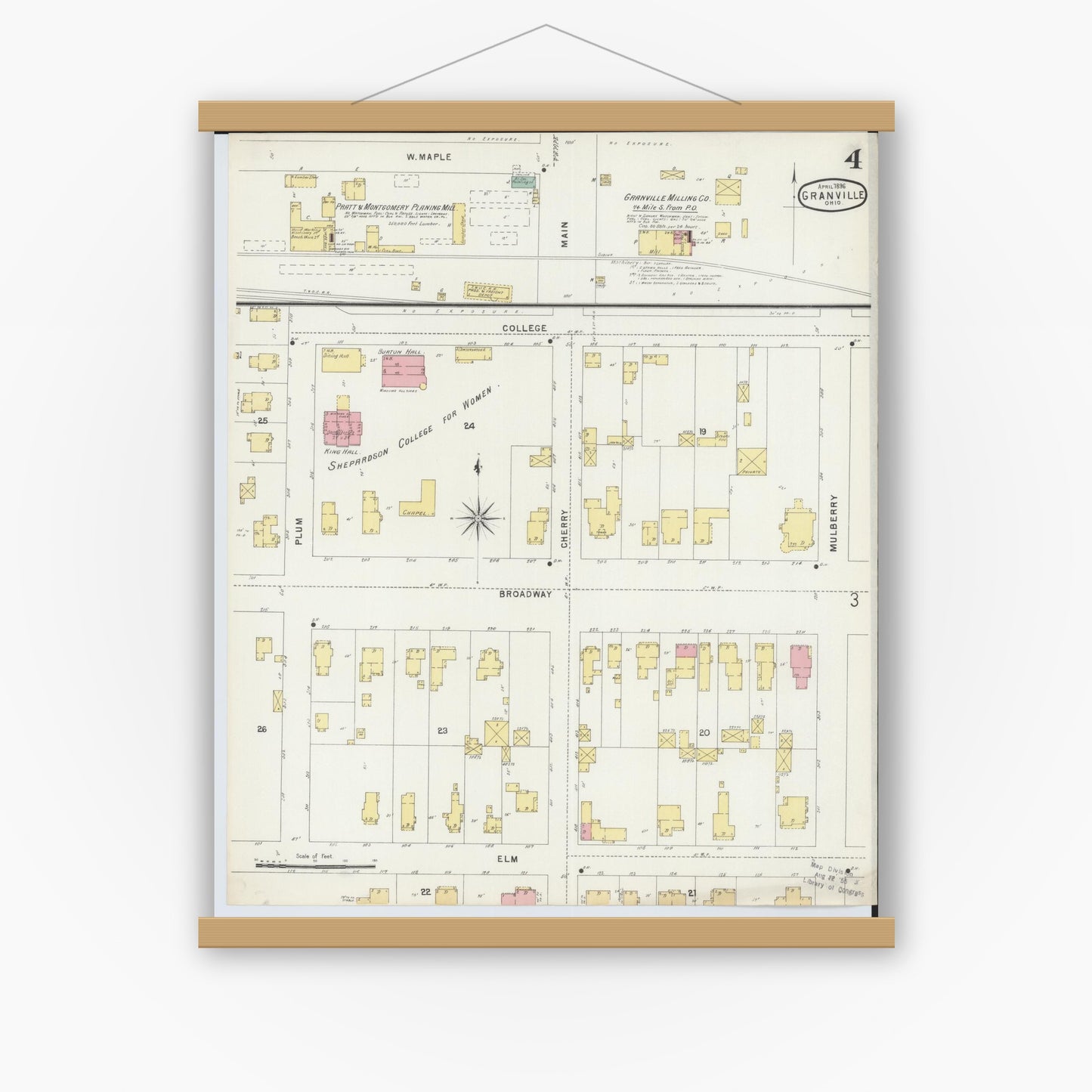 Old map wall art mockup — magnetic wood frame on white wall — Sanborn Fire Insurance Map from Granville, Licking County, Ohio (1896), Sheet #0004