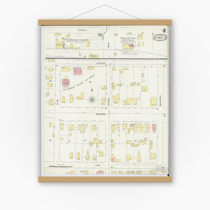 Old map wall art mockup — magnetic wood frame on white wall — Sanborn Fire Insurance Map from Granville, Licking County, Ohio (1896), Sheet #0004