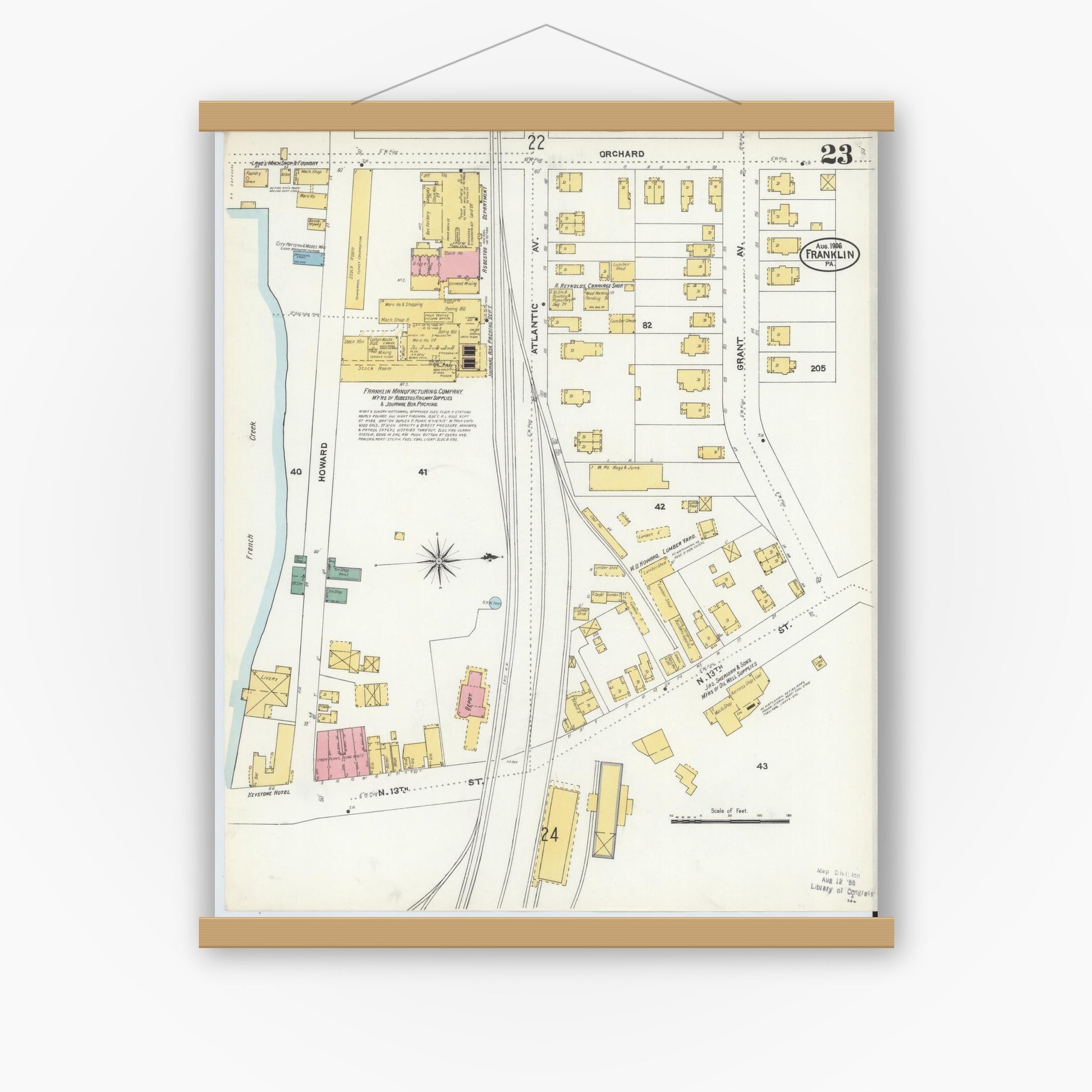 Old map wall art mockup — magnetic wood frame on white wall — Sanborn Fire Insurance Map from Franklin, Venango County, Pennsylvania (1906), Sheet #0023