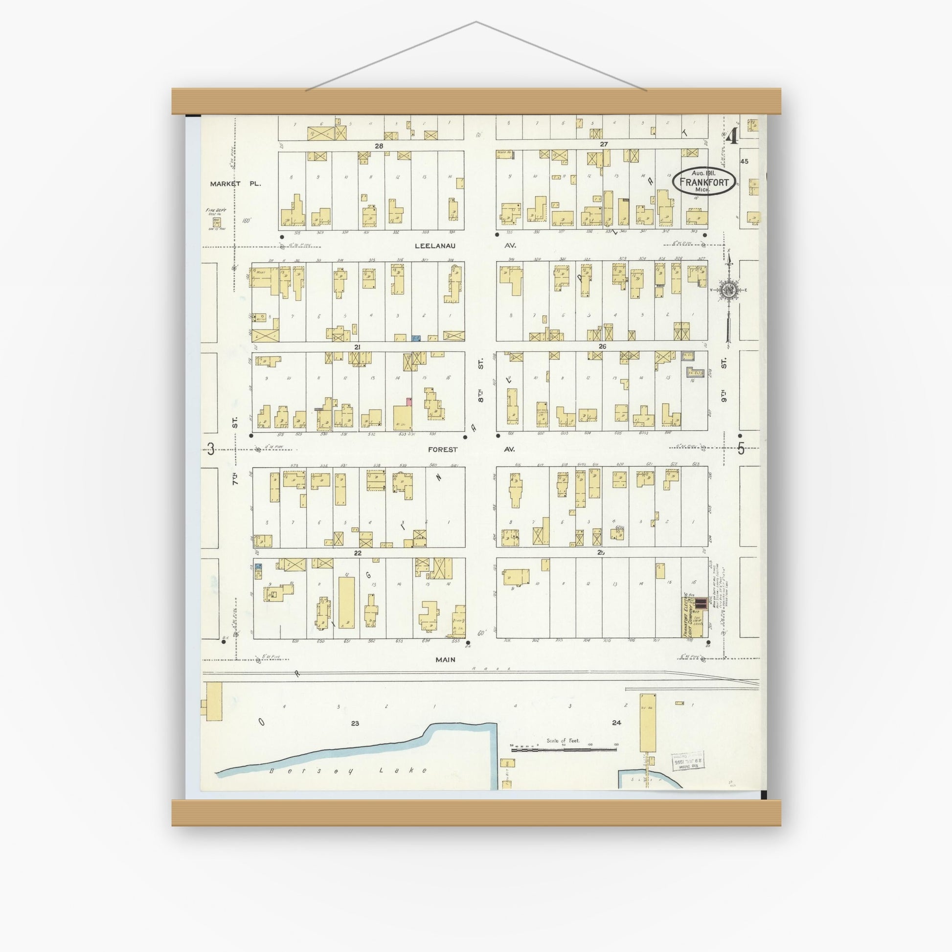 Old map wall art mockup — magnetic wood frame on white wall — Sanborn Fire Insurance Map from Frankfort, Benzie County, Michigan (1911), Sheet #0004