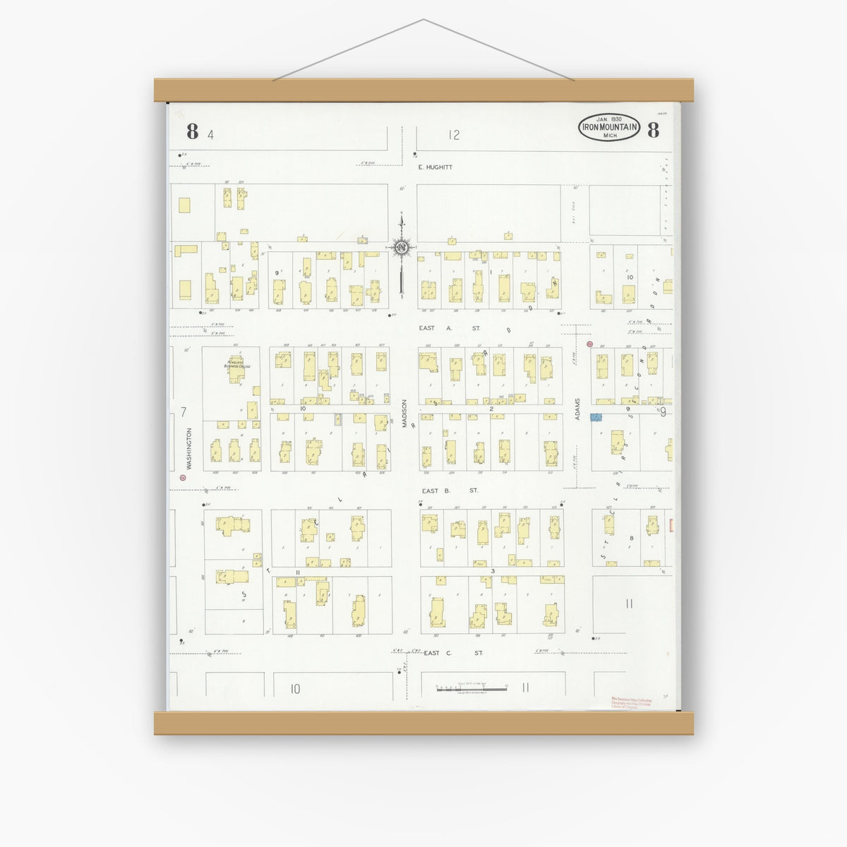 Old map wall art mockup — magnetic wood frame on white wall — Sanborn Fire Insurance Map from Iron Mountain, Dickinson County, Michigan (1930), Sheet #0008