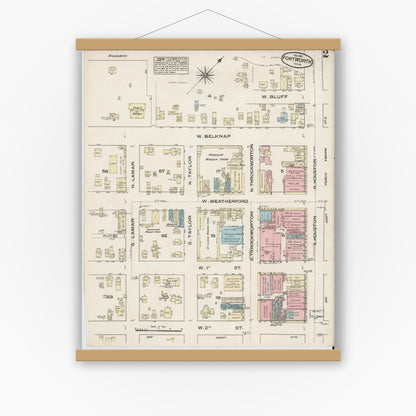 Old map wall art mockup — magnetic wood frame on white wall — Sanborn Fire Insurance Map from Fort Worth, Tarrant County, Texas (1885), Sheet #0002