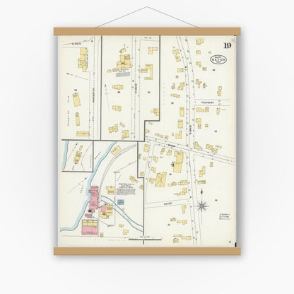 Old map wall art mockup — magnetic wood frame on white wall — Sanborn Fire Insurance Map from Natick, Middlesex County, Massachusetts (1904), Sheet #0019