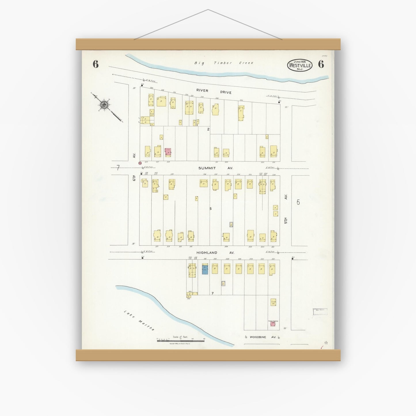 Old map wall art mockup — magnetic wood frame on white wall — Sanborn Fire Insurance Map from Westville, Gloucester County, New Jersey (1926), Sheet #0006