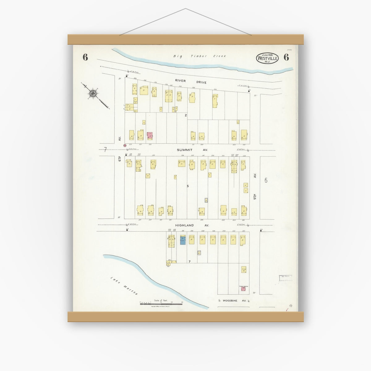 Old map wall art mockup — magnetic wood frame on white wall — Sanborn Fire Insurance Map from Westville, Gloucester County, New Jersey (1926), Sheet #0006