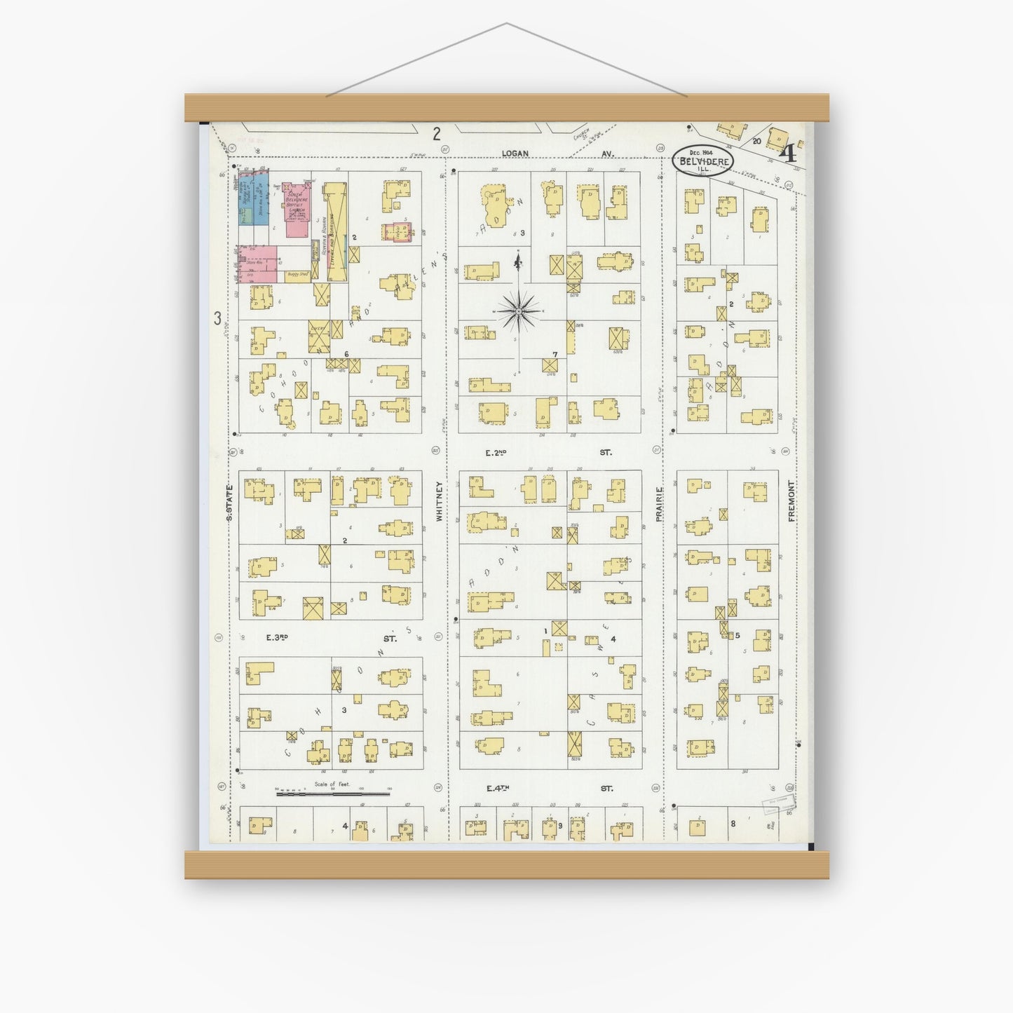 Old map wall art mockup — magnetic wood frame on white wall — Sanborn Fire Insurance Map from Belvidere, Boone County, Illinois (1904), Sheet #0004