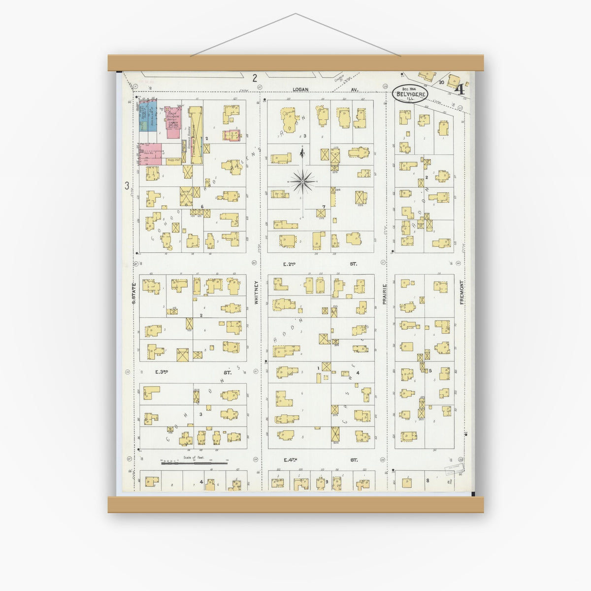 Old map wall art mockup — magnetic wood frame on white wall — Sanborn Fire Insurance Map from Belvidere, Boone County, Illinois (1904), Sheet #0004