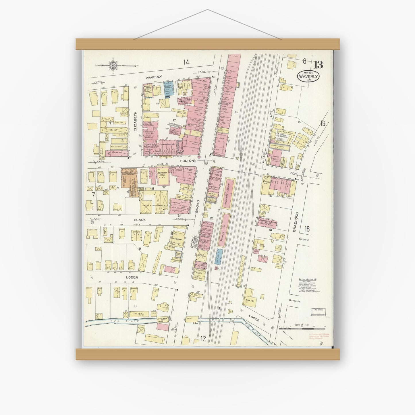 Old map wall art mockup — magnetic wood frame on white wall — Sanborn Fire Insurance Map from Waverly, Tioga County, New York (1914), Sheet #0013