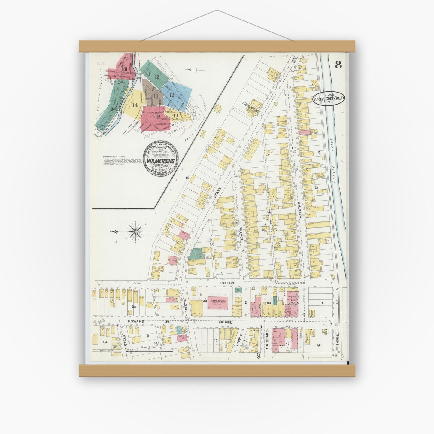 Old map wall art mockup — magnetic wood frame on white wall — Sanborn Fire Insurance Map from Turtle Creek Valley, Allegheny County, Pennsylvania (1906), Sheet #0008