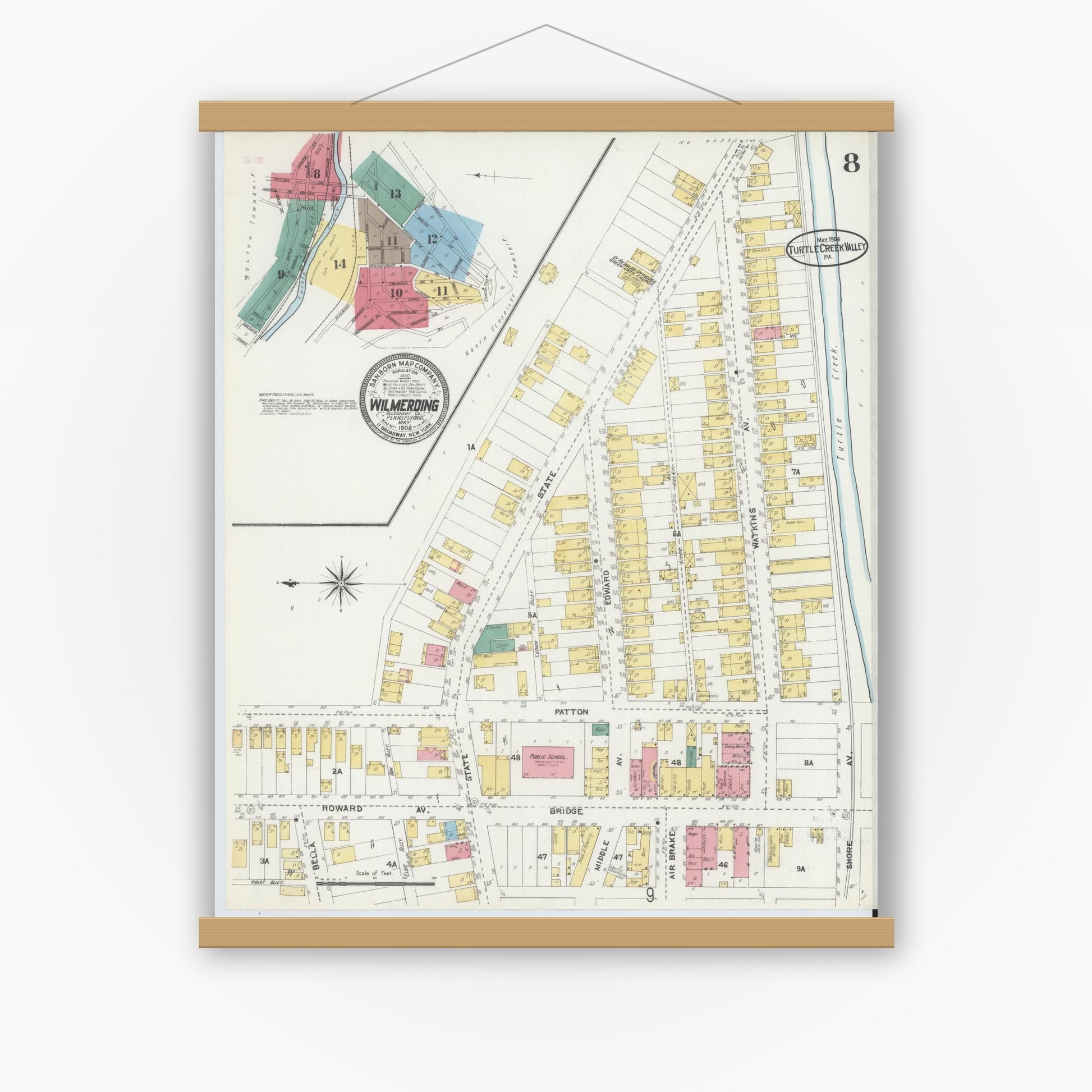 Old map wall art mockup — magnetic wood frame on white wall — Sanborn Fire Insurance Map from Turtle Creek Valley, Allegheny County, Pennsylvania (1906), Sheet #0008