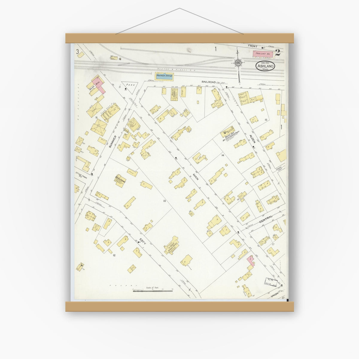 Old map wall art mockup — magnetic wood frame on white wall — Sanborn Fire Insurance Map from Ashland, Middlesex County, Massachusetts (1912), Sheet #0002