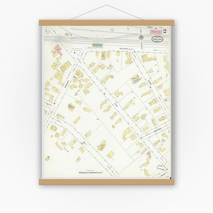 Old map wall art mockup — magnetic wood frame on white wall — Sanborn Fire Insurance Map from Ashland, Middlesex County, Massachusetts (1912), Sheet #0002