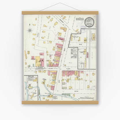 Old map wall art mockup — magnetic wood frame on white wall — Sanborn Fire Insurance Map from Lake Mills, Jefferson County, Wisconsin (1898), Sheet #0001